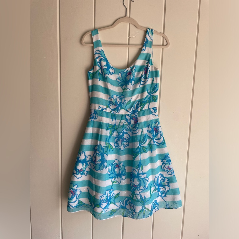 Lilly Pulitzer Roswell Shorely Blue Tossing the Line Floral Striped Dress Size 4
